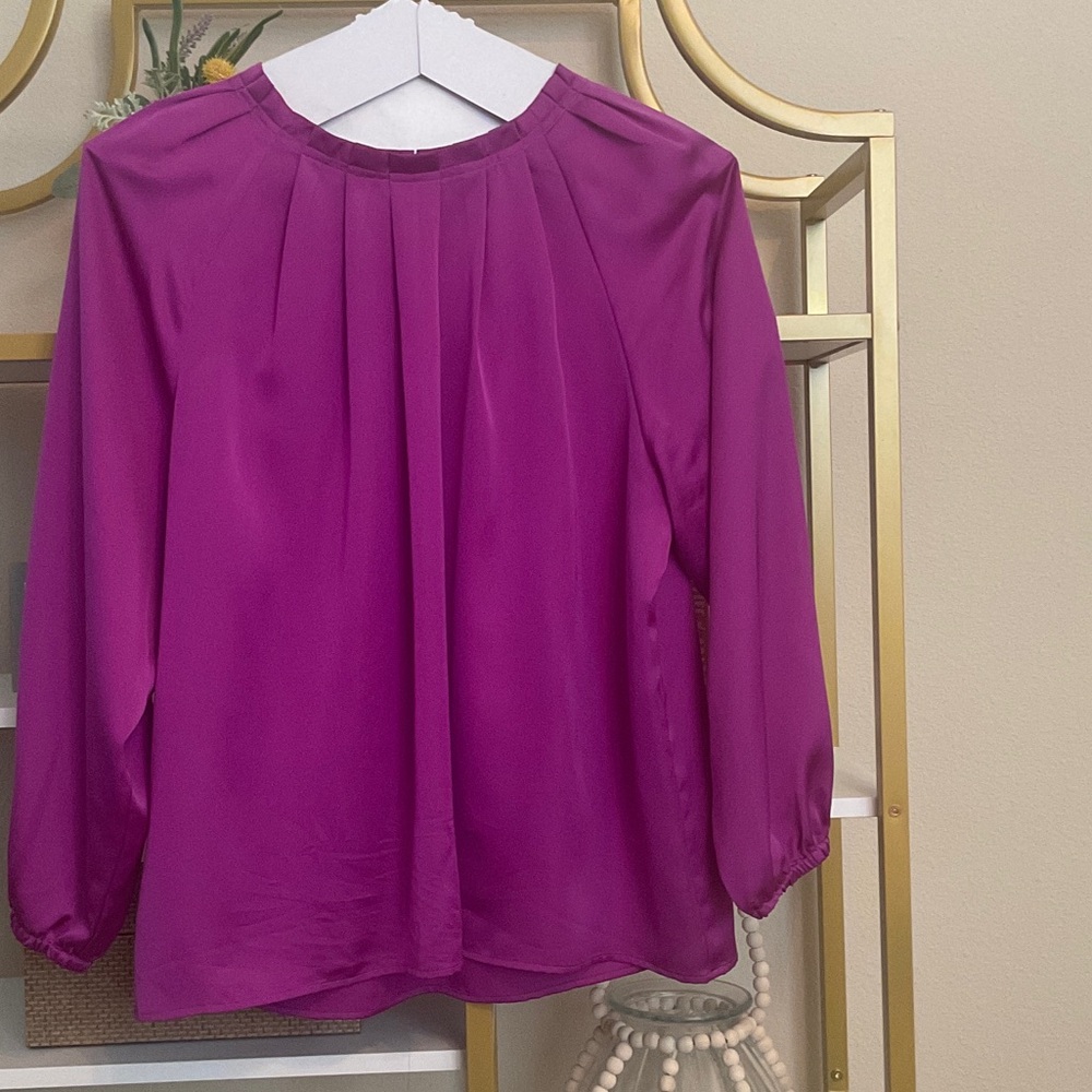 Ann Taylor Magenta Pleated-Neck Long Sleeve Blouse
